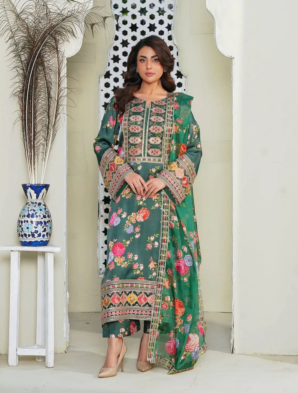 Ghania 3pc Embroidered+ Printed