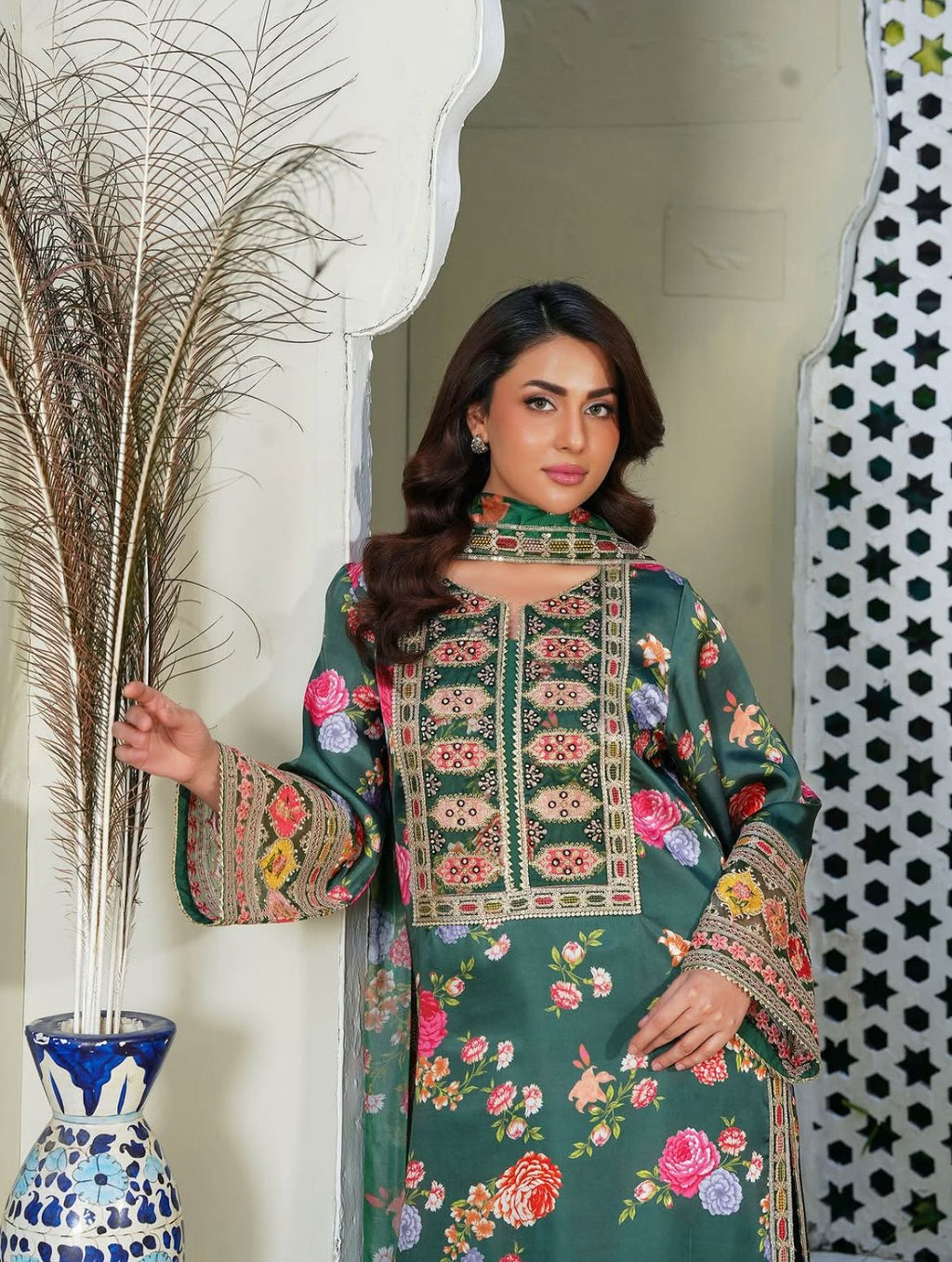 Ghania 3pc Embroidered+ Printed