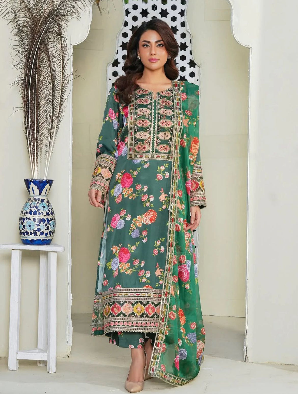 Ghania 3pc Embroidered+ Printed