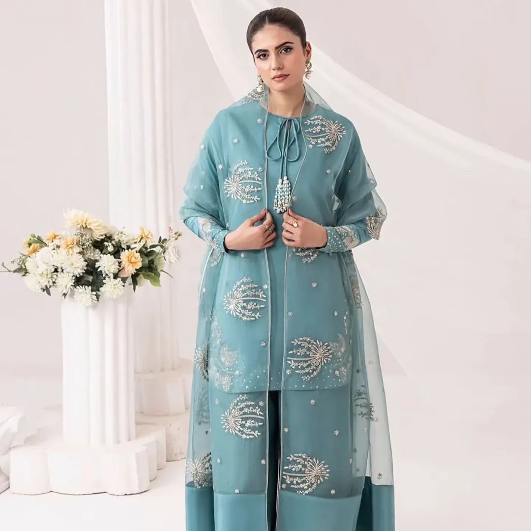 Teal Mist Embroidered 3-Piece Gown Set embroidered shirt and embroidered dobata