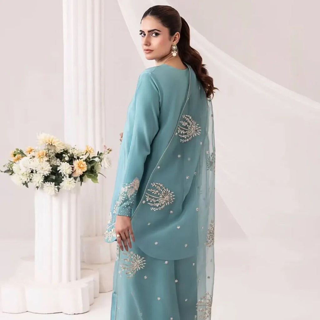 Teal Mist Embroidered 3-Piece Gown Set embroidered shirt and embroidered dobata