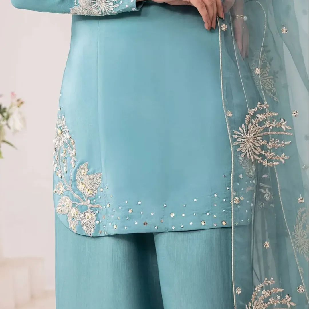 Teal Mist Embroidered 3-Piece Gown Set embroidered shirt and embroidered dobata