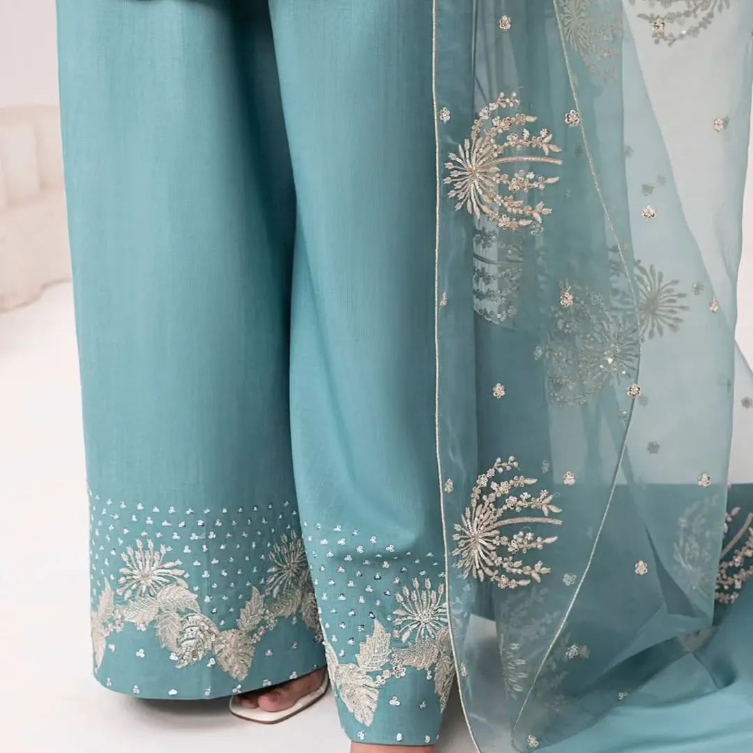 Teal Mist Embroidered 3-Piece Gown Set embroidered shirt and embroidered dobata